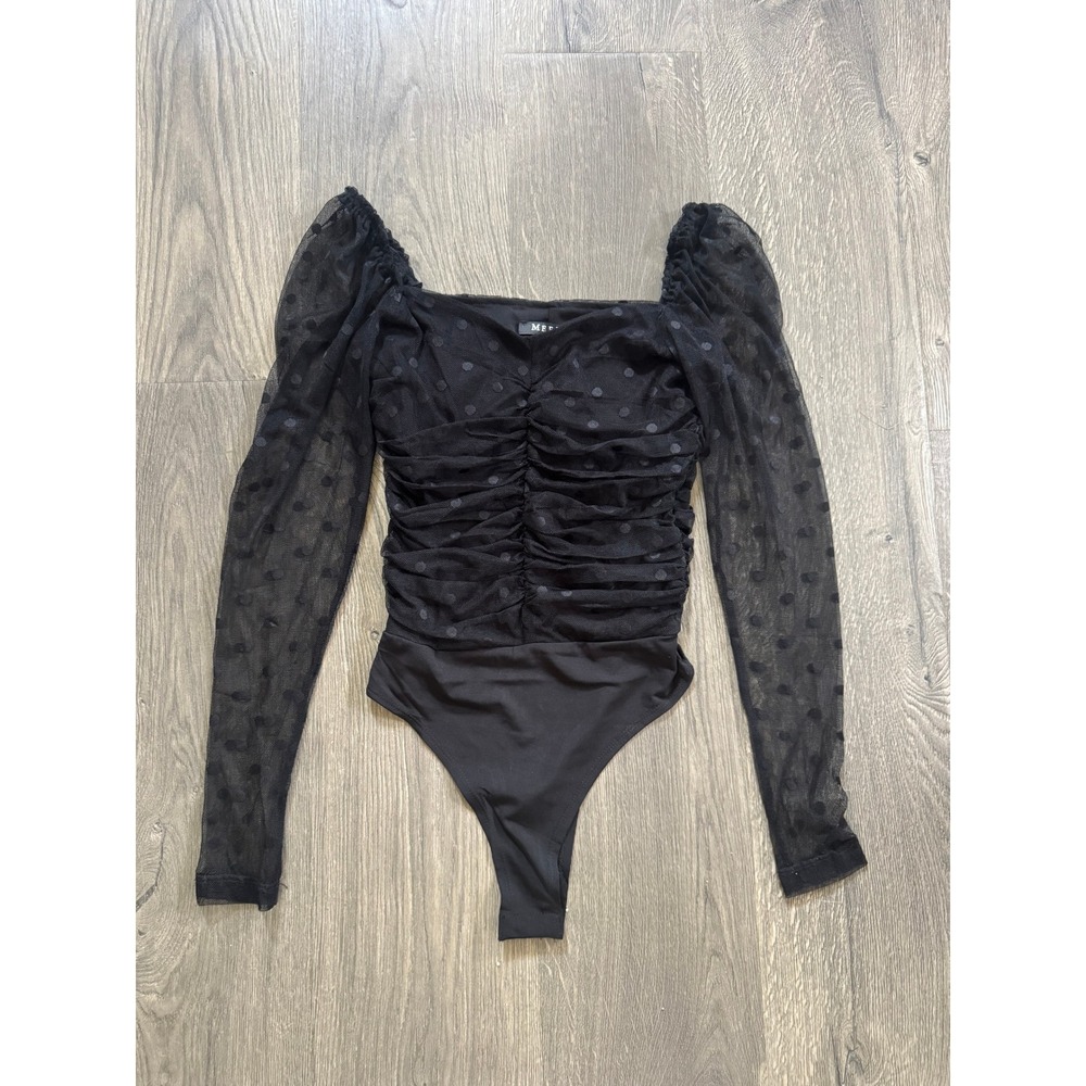 Meek Ruched Mesh Bodysuit Size S Black Polka Dot Long Sleeve Puff Shoulder NWOT